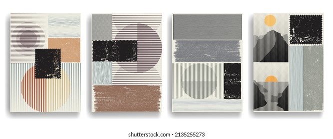 Modern layout with minimalist design elements . Grunge textured shapes in Boho style  . Wall art , home deco . Vector abstract shape. Modern art . Contemporary layouts set .