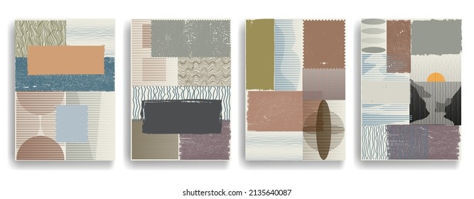 Modern layout with minimalist design elements . Grunge textured shapes in Boho style  . Wall art , home deco . Vector abstract shape. Modern art . Contemporary layouts set .