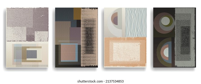 Modern layout with minimalist design elements . Grunge textured shapes in Boho style  . Wall art , home deco . Vector abstract shape. Modern art . Contemporary layouts set .