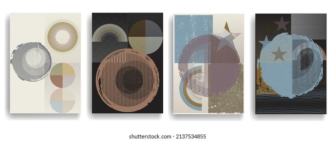 Modern layout with minimalist design elements . Grunge textured shapes in Boho style  . Wall art , home deco . Vector abstract shape. Modern art . Contemporary layouts set .