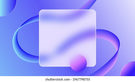Modern layout in a minimalist glassmorphism style. A translucent glass frame sits above the gradient background. Nearby are decorative elements (flowing curved lines and circles). Vector illustration.