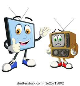 Modern Lcd Monitor Television With Thumb Up Hand And Old Monitor Television Cartoon