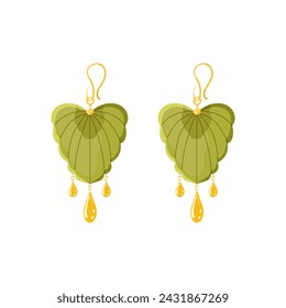 Modern Leaf earring with golden drops. Boho girl woman accessory jewelry. Bijouterie vector cartoon illustration isolated on white background