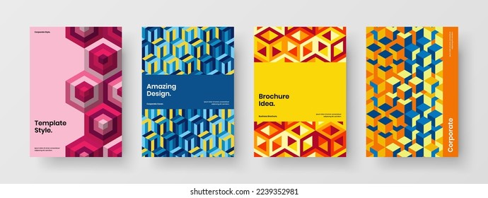 Modern leaflet A4 design vector concept bundle. Colorful mosaic shapes handbill layout set.