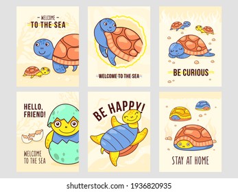 Diseños modernos de folletos con tortugas felices. Caracteres marinos divertidos en diferentes poses en tarjetas con texto. El concepto de fauna marina y animales. Plantilla para folleto o folleto promocional