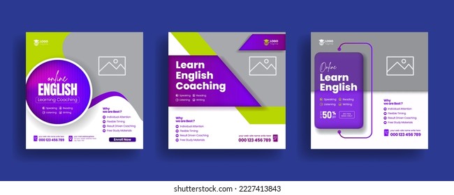 Modern learn English lessons social media post and IELTS coaching online language learning courses banner or square flyer poster template design