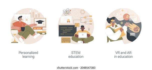 Modern learning abstract concept vector illustration set. Personalized learning, STEM education, VR and AR in education, technology class, smart children, digital device abstract metaphor.