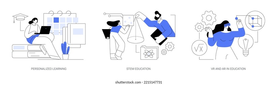 Conjunto de ilustraciones vectoriales de concepto abstracto de aprendizaje moderno. Aprendizaje personalizado, educación STEM, VR y AR en educación, clase de tecnología, niños inteligentes, metáfora abstracta de dispositivos digitales.