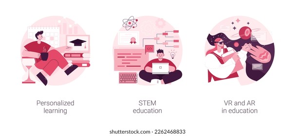 Modern learning abstract concept vector illustration set. Personalized learning, STEM education, VR and AR in education, technology class, smart children, digital device abstract metaphor.