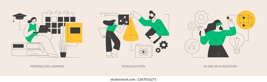 Modern learning abstract concept vector illustration set. Personalized learning, STEM education, VR and AR in education, technology class, smart children, digital device abstract metaphor.