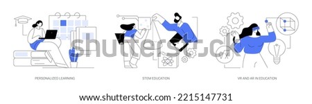 Modern learning abstract concept vector illustration set. Personalized learning, STEM education, VR and AR in education, technology class, smart children, digital device abstract metaphor.