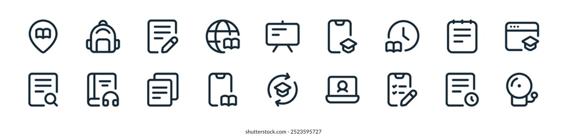 modern learning icon pack. perfect for linear ui designs featuring vector school bell, deadline, online test, online lesson, excahnge, ebook, file and more icons for mobile and web apps.