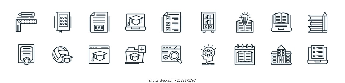modern learning icon pack. perfect for linear ui designs featuring vector online test, campus, calendar, idea, research, add folder, elearning and more icons for mobile and web apps.
