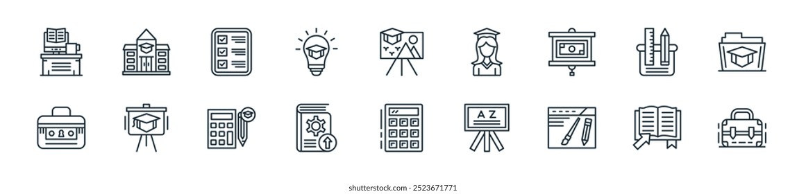 pacote de ícones de aprendizado moderno. perfeito para projetos de ui lineares com maleta vetor, ebook, de, quadro-negro, calculadora, arquivo, calculadora e mais ícones para aplicativos móveis e da web.