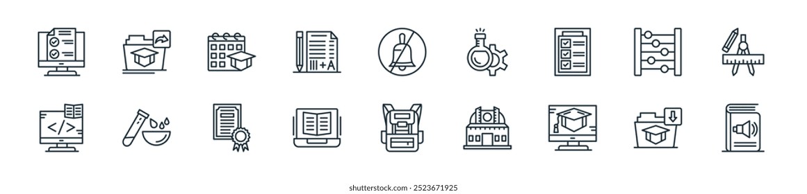 modernes Lernsymbolpaket. perfekt für lineare ui Designs mit Vektor-Hörbuch, Download, Tutorial, Observatorium, Rucksack, Lernen, Zertifikat und mehr Icons für mobile und Web-Apps.