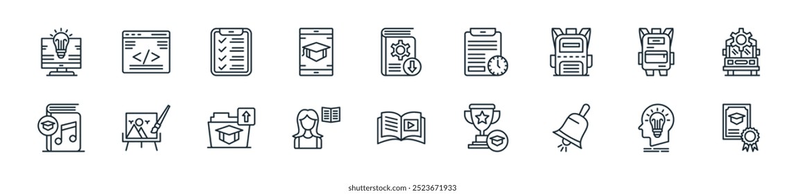 modern learning icon pack. perfect for linear ui designs featuring vector certificate, idea, school bell, trophy, video tutorial, reading, folder and more icons for mobile and web apps.