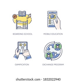 Modern learning opportunities RGB color icons set. Boarding school, mobile education, gamification and student exchange program. Isolated vector illustrations