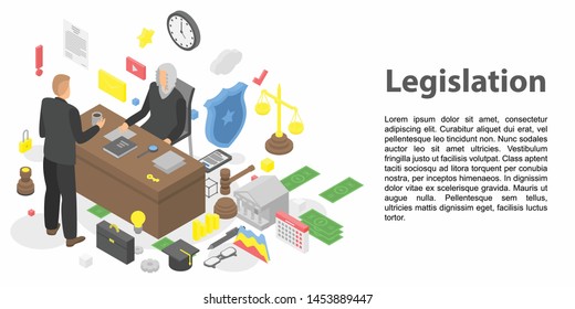 Modern legislation concept banner. Isometric illustration of modern legislation vector concept banner for web design
