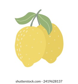 Limones modernos sobre rama aislados en fondo blanco. Textura abstracta de cítricos dibujados a mano. Pareja de limones enteros de ilustración plana, vector