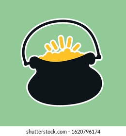 Modern leprechaun pot with gold coins on pastel green background, flat illustration. Happy Saint Patricks day. Simple Hand drawn vector illustration. Cauldron sticker, emblem or icon