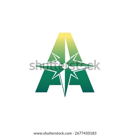 A modern letter 'A' logo with a compass rose in the center, featuring a green and yellow gradient. Symbolizes exploration and guidance.