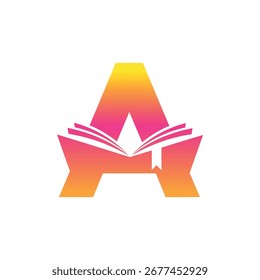 Logotipo moderno de la letra 'A' con un icono de libro abierto en el centro, con un degradado rosa y naranja vibrante. Perfecto para marcas educativas.