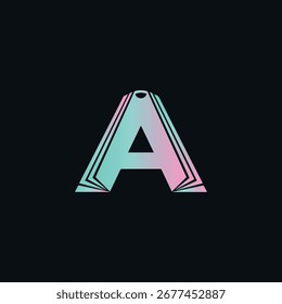 Una moderna letra 'A' logo en forma de libro, con un vibrante degradado rosa y verde azulado sobre un fondo oscuro. Representa la educación y la creatividad.
