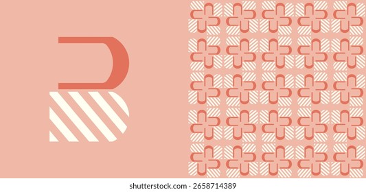 Modern letter B pattern with elegant wavy shapes in terracotta and ivory. Seamless design perfect for textile, packaging, digital backgrounds, and stylish contemporary graphic projects.