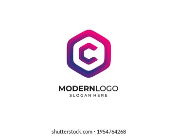 Letra moderna C con plantilla de diseño de logotipo hexagonal