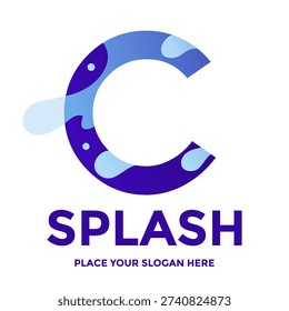 Modern letter C logo design featuring a fresh blue water splash effect with bubbles and liquid droplets. Perfect for laundry, beverage, or clean technology brand identity.