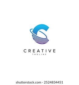 Diseño moderno de la letra C y del logotipo del planeta. Plantilla inicial del Vector.