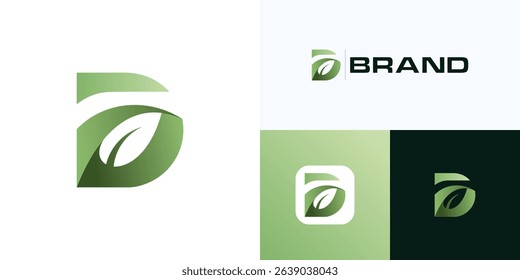 Modern letter D with leaf nature in negative space overlapping, logo icon design vector element, Symbol initial alphabet natural leaves with green gradient color for brand identity and business