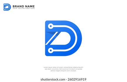 Modern letter "D" logo with tech circuit details. Clean, geometric design for technology, digital, or innovative brands. Versatile vector, scalable and customizable. Ideal for websites, apps, brand