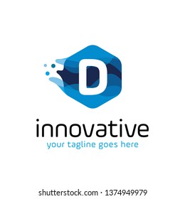 modern letter D technology logo design vector with hexagon and blue wave motion concept. multimedia logo. digital logo. innovation logo