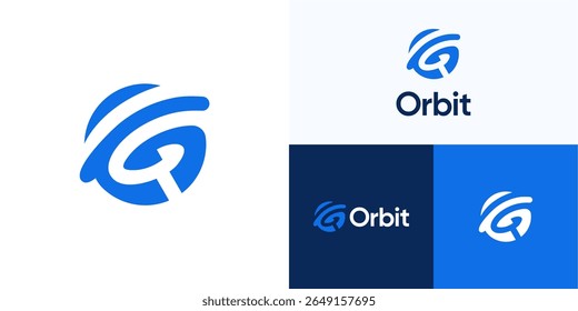Letra moderna G integrada com órbita ou planeta, ilustração vetorial de design de ícone de logotipo, alfabeto inicial de símbolo de círculo com astrologia, satélite, galáxia para tecnologia global, negócios de identidade de marca
