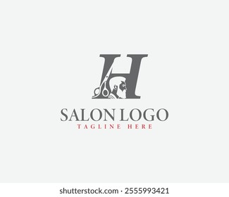 Modern Letter H Salon Logo with Scissors and Man's Face Profile. Creative Hair Salon Branding Logo Design Template.