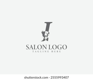 Modern Letter J Salon Logo with Scissors and Man's Face Profile. Creative Hair Salon Branding Logo Design Template.