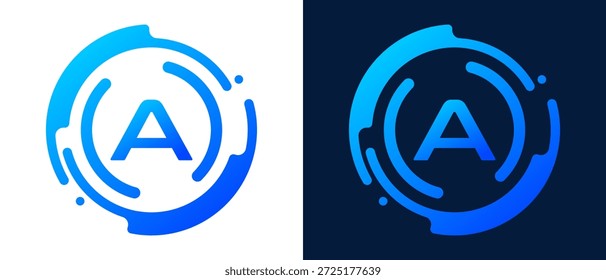 Modern letter “A” logo with circular abstract lines and blue gradient style, representing digital technology, innovation, connectivity, and professional tech branding.