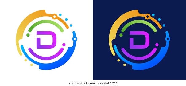 Modern letter “D” logo with circular abstract elements and colorful gradient design,