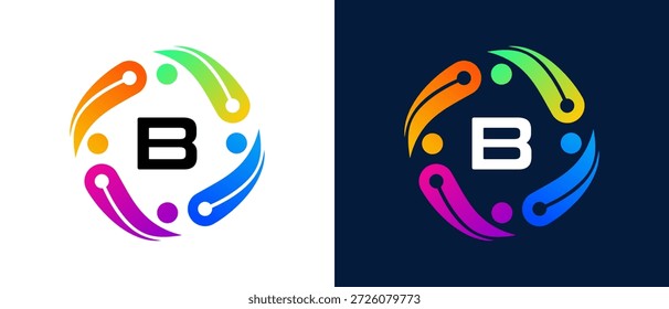 Logotipo moderno de la letra “B” con tecnología digital y concepto de conectividad. Diseño abstracto circular con vibrantes Elementos degradados que simbolizan la innovación, la colaboración, la inteligencia artificial y las redes digitales. Limpio, mínimo
