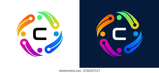 Logotipo moderno de la letra “C” con tecnología digital y concepto de conectividad. Diseño abstracto circular con vibrantes Elementos degradados que simbolizan la innovación, la colaboración, la inteligencia artificial y las redes digitales. Limpio, mínimo
