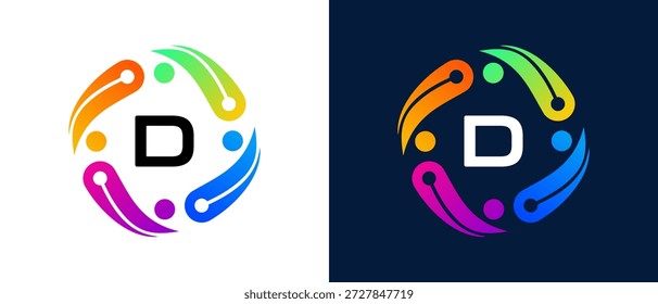Logotipo moderno de la letra “D” con tecnología digital y concepto de conectividad Diseño abstracto circular con Elementos de gradiente vibrantes que simbolizan la innovación, la colaboración, la inteligencia artificial y las redes digitales