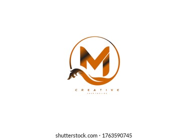 Modern Letter M Logo Circle Emblem Floral Monogram Shape Golden Color
