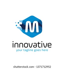 modern letter M technology logo design vector with hexagon and blue wave motion concept. multimedia logo. digital logo. innovation logo