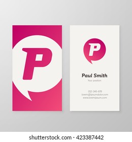 Modern letter P in speech bubble Business card template. Vector business personal card design. Layered, editable.