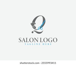 Modern Letter Q Salon Logo with Scissors and Man's Face Profile. Creative Hair Salon Branding Logo Design Template.