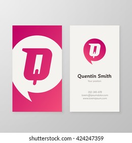Modern letter Q in speech bubble Business card template. Vector business personal card design. Layered, editable.