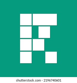Modern letter R mask area. Photo collage frames template with alphabet letter. Family photo collage frames template for interior design. Vector collage layout for photo montage.