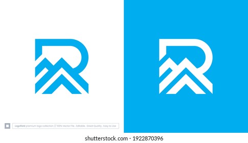 Modern letter R with Ridge element logo, simple R initial and mountain logo, Letter R and Roof top logo vector template