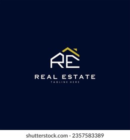 modern RE letter real estate logo in linear style with simple roof building in blue